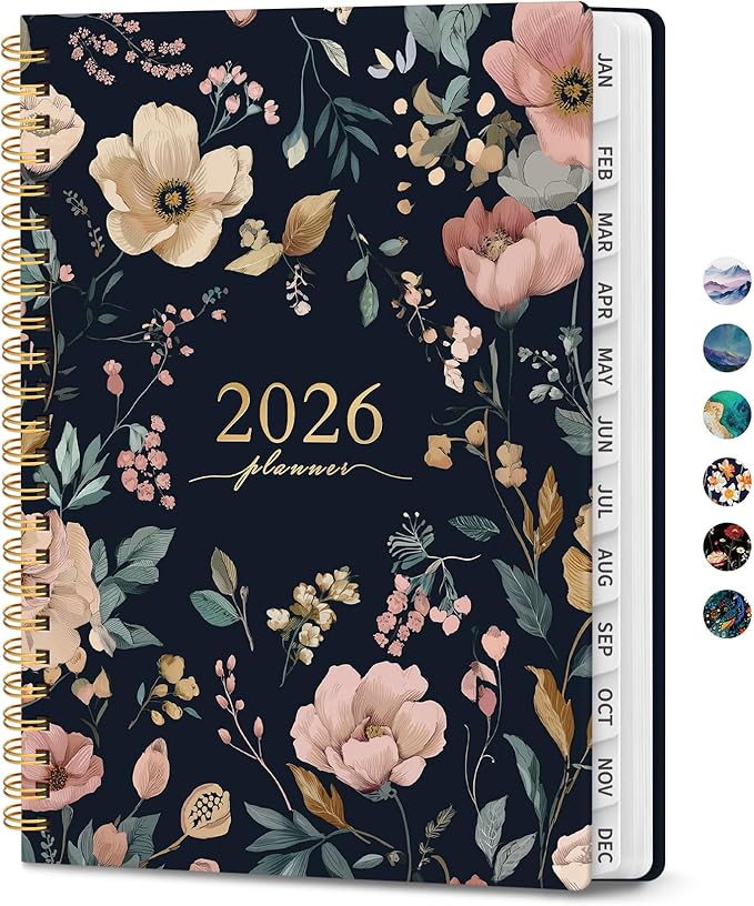 2026 Planner, Monthly and Weekly Calendar Planner for Women, January 2026 - December 2026, Hardcover Pretty 2026 Agenda Planner Book with Tabs, Spiral Bound, Perfect for School Office Home Supplies, 8.5" x 11" - Evening Petals