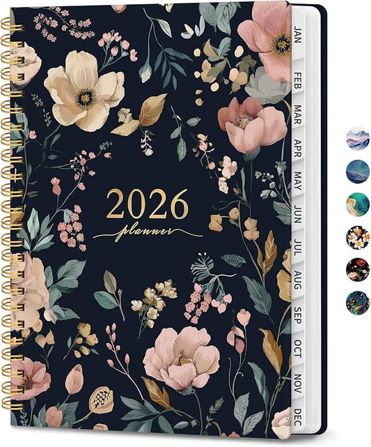 2026 Planner, Monthly and Weekly Calendar Planner for Women, January 2026 - December 2026, Hardcover Pretty 2026 Agenda Planner Book with Tabs, Spiral Bound, Perfect for School Office Home Supplies, 6.3" x 8.5" - Evening Petals