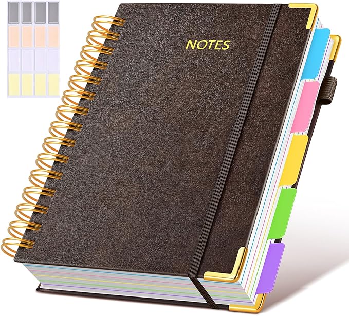 Hardcover Spiral Notebook journal with Removable Dividers Tabs, 300 Pages Leather 5 Subject Notebook College Ruled, 100GMS A5 Notebooks for Work School Note taking,Lined Journal for Women,A5 Brown