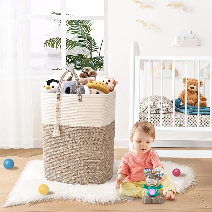 65L Woven Laundry Basket for Clothes, Large Rectangle Laundry Hampers with Beads Tassel, Nursery Storage Basket for Toys, Tall Dirty Clothes Hamper for Bedroom Aesthetic, Laundry Room Organization