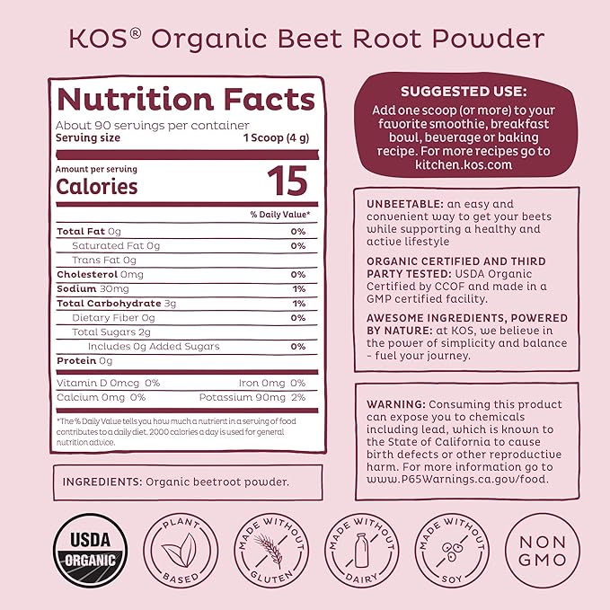 KOS Organic Beet Root Powder, USDA Organic - Natural Nitric Oxide Booster, Superfood Plant Based Beetroot Antioxidant, Supports Active Lifestyle & Healthy Circulation, Soy & Gluten-Free - 90 Servings