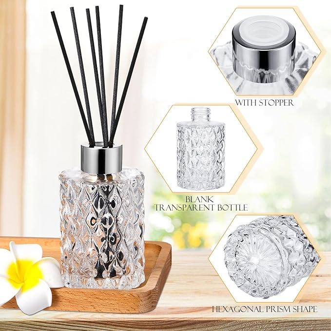 Norme 6 Set Empty Reed Diffuser Bottle Set with Stick, 150ml Refillable Patterned Glass Vase with Black Rattan Reed & Cap for DIY Essential Oil, Home Fragrance, Bulk (Silver)