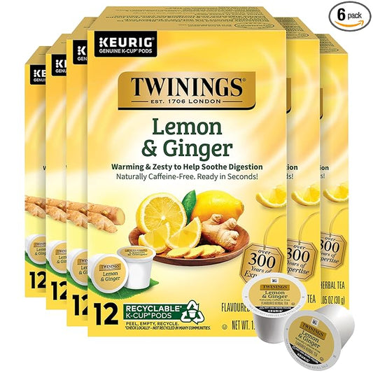Twinings Lemon & Ginger Herbal Tea 72 K-Cup Pods for Keurig, 12 Count (Pack of 6), Tangy & Spicy, Naturally Caffeine-Free, Enjoy Hot or Iced