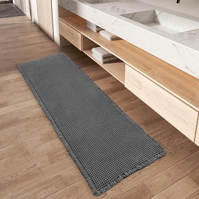 AMOAMI Upgraded Waffle Runner Rug Super Absorbent Non Slip Bath Mats for Bathroom Floor Machine Washable Bathroom Runner Rug with Tassels, Ideal for Hallway Bedroom Laundry Room, Dark Grey, 17" x 60"