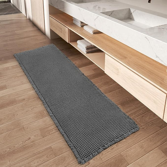 AMOAMI Upgraded Waffle Runner Rug Super Absorbent Non Slip Bath Mats for Bathroom Floor Machine Washable Bathroom Runner Rug with Tassels, Ideal for Hallway Bedroom Laundry Room, Dark Grey, 17" x 60"