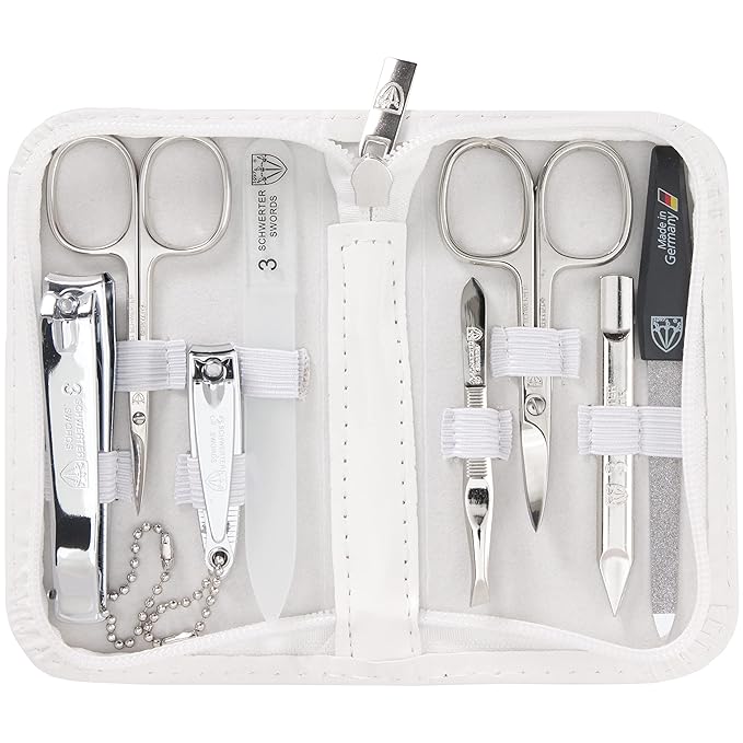 3 Swords Germany - brand quality 8 piece manicure pedicure grooming kit set synthetic leather case white - Made in Germany