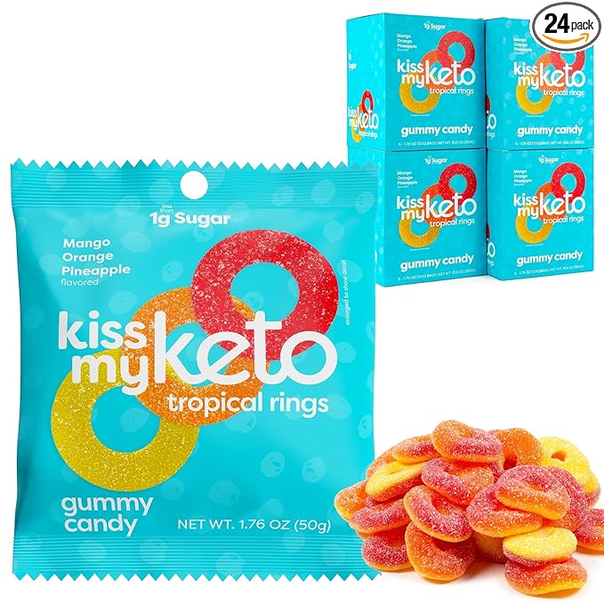 Kiss My Keto Sugar Free Gummies, Gummy Ring 24-Pack – Satisfy Cravings while Staying in Ketosis – High Fiber, 2g Net Carbs, Non-GMO, Vegan, & No Gluten – Calorie-Friendly Vegan Candy