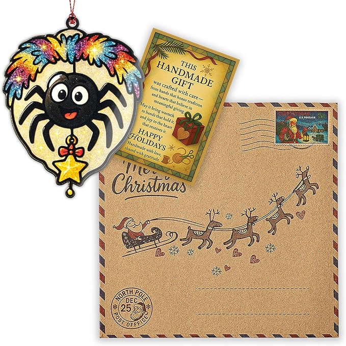 Christmas Spider Ornament – Lucky Holiday Spider with Star | Glitter Rainbow Ornament Card – Fun Quirky Holiday Decor – Sparkly Gift Tradition – Suncatcher Effect Window Spidergag 1