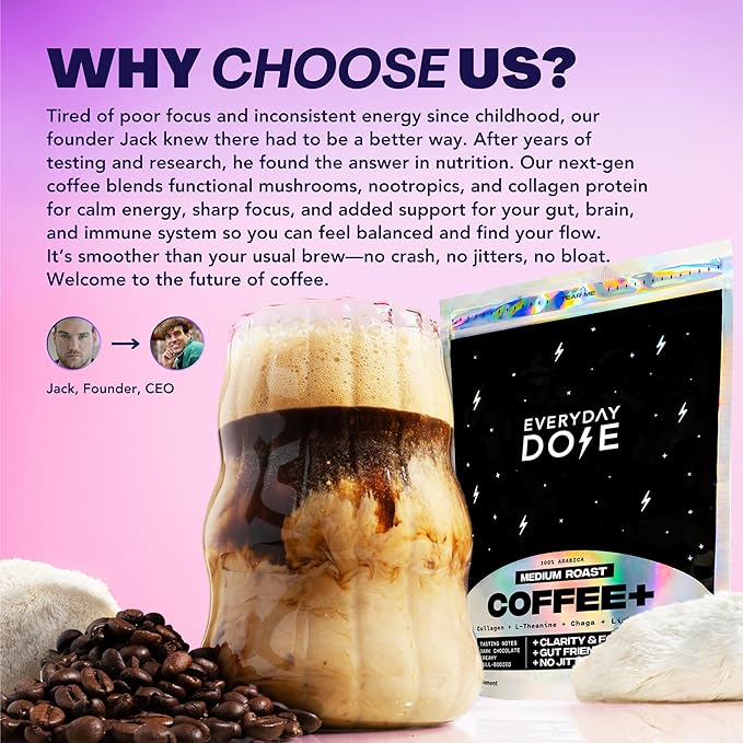 Everyday Dose Bold Medium Roast Mushroom Coffee 90mg Caffeine per serving with Grass-Fed Collagen, Chaga, Lions Mane & L-Theanine for Better Focus, Energy, Digestion, Skin, and Immunity 30 Servings