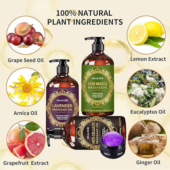 Massage Oils for Massage Therapy,Massage Kit Gifts for Women Men with Arnica, Lavender,Spa Gifts,3 Pack Cellulite,Sore Muscle & Lavender Massage Oils with Massage Ball