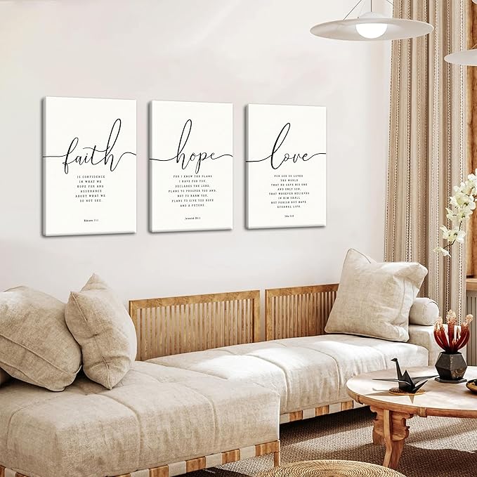 Farmhouse Bible Verses Wall Decor for Living Room - Minimalist Christian Scripture Wall Art Set of 3, Faith Hope Love Canvas Prints Religious Decor for Bedroom Office 16x24 inch Framed