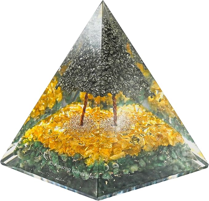 Amazing Gemstone Orgone Pyramid for Money with Pyrite Crystal Tree, Citrine and Green Aventurine Crystals and Healing Stones - Authentic Orgonite & Organite Gifts to Atrract Money Abundance Wealth