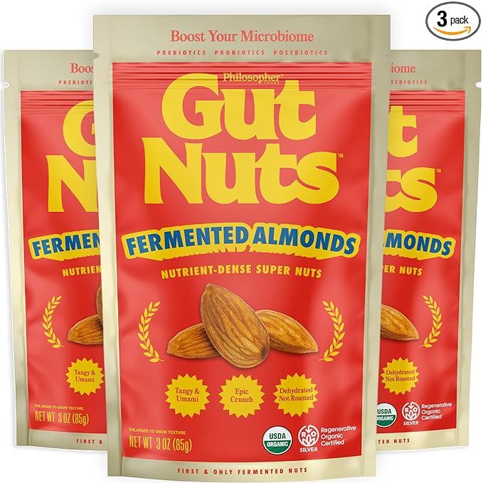 Gut Nuts - Fermented and Sprouted "Sourdough" Almonds for Gut Health - Tangy, Umami, & Salty Flavors - Super Crunchy Low Carb Keto Snacks - Low Sugar Prebiotic & Postbiotic Almond Snacks - 3oz Pouch (3 Pack) - by Philosopher Foods