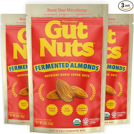 Gut Nuts - Fermented and Sprouted "Sourdough" Almonds for Gut Health - Tangy, Umami, & Salty Flavors - Super Crunchy Low Carb Keto Snacks - Low Sugar Prebiotic & Postbiotic Almond Snacks - 3oz Pouch (3 Pack) - by Philosopher Foods