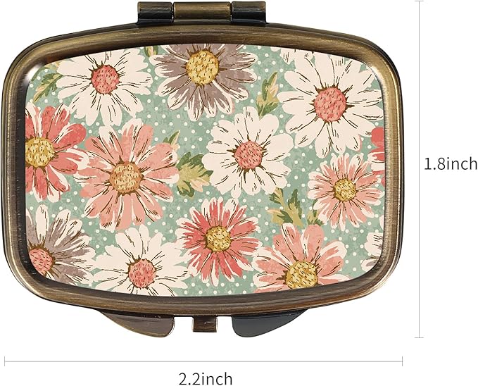 Dynippy Pill Case Pill Box with Mirror Retro Pocket 2 Compartment Medicine Case Vitamin Pill Organizer for Pocket Purse and Travel (A-Retro Flower)