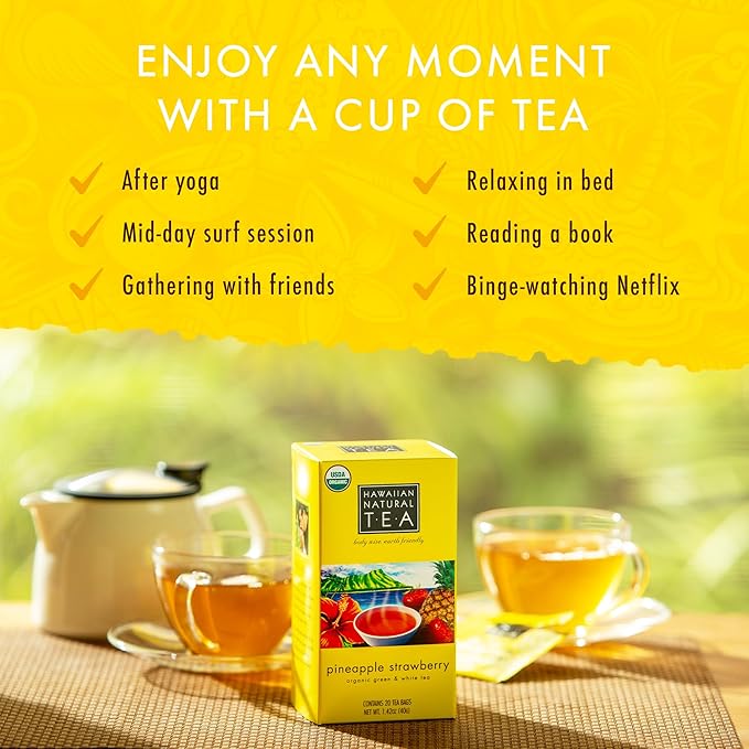 Hawaiian Natural Tea Pineapple Strawberry Flavored Organic Tea - Tropical Fruit Green Tea Blend with White Tea - Perfect Daily Cup & Gift for Tea Lovers - 120 Tea Bags