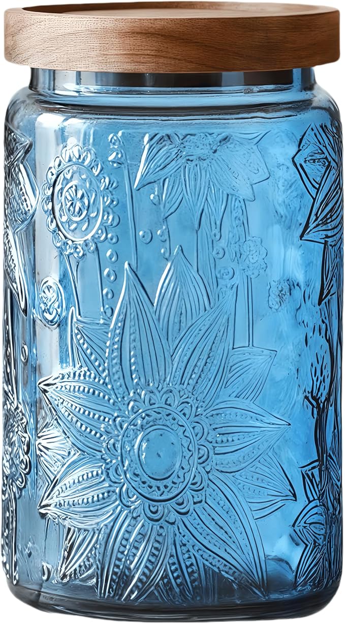 ANSQU Vintage Glass Jar with Solid Wood Lid, 34 FL OZ Blue Sunflower Decorative Jar, Glass Food Storage Container for Coffee, Tea Bags, Nuts, Sugar, Jam, Pet Food (Blue, 1 Pack)