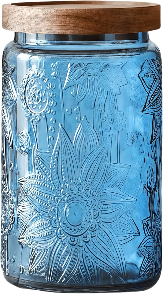 ANSQU Vintage Glass Jar with Solid Wood Lid, 34 FL OZ Blue Sunflower Decorative Jar, Glass Food Storage Container for Coffee, Tea Bags, Nuts, Sugar, Jam, Pet Food (Blue, 1 Pack)