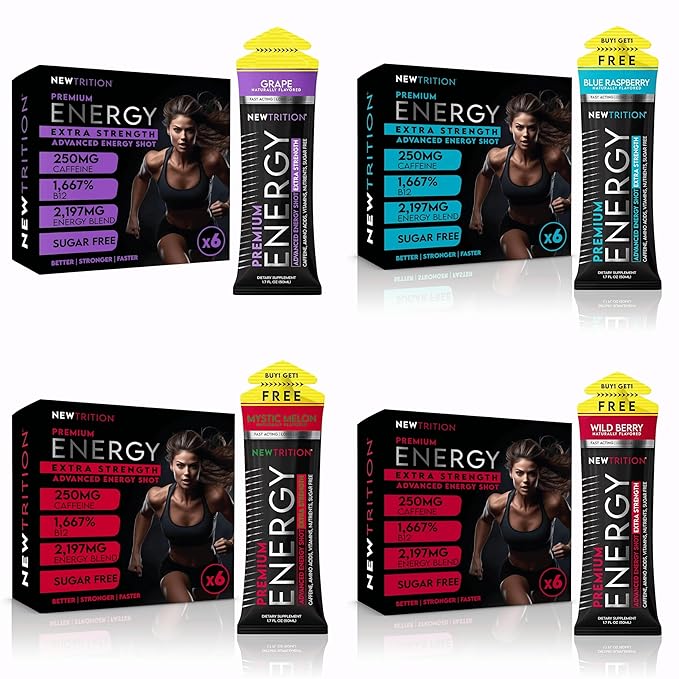 NewTrition® Extra Strength Energy Shots, 250mg Caffeine Energy Shots with Vitamin B & Amino Acids, Sugar-Free Vitamin Energy Shot, 1.7 fl oz (Pack of 24, 4 Flavors - Mixed 1)