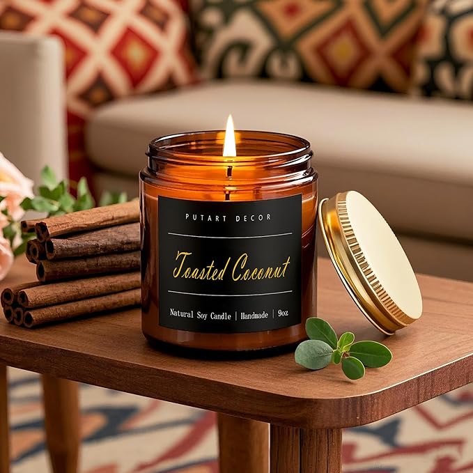 Toasted Coconut Scented Aromatherapy Soy Wax Candle, 9oz, Non-Toxic, Long Lasting, Modern Black Jar