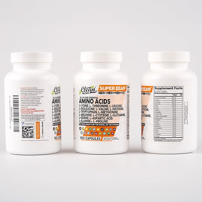 Clean Nutraceuticals Amino Acids Supplement L-Lysine, L-Threonine, L-Leucine, Isoleucine, Valine, L-Histidine, L-Tryptophan, L-Methionine, L-Arginine, L-Cysteine, L-Glutamine, L-Serine, Aspartic Acid