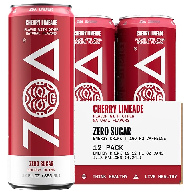 ZOA Zero Sugar Energy Drinks, Cherry Limeade - Sugar Free with Electrolytes, Healthy Vitamin C, Amino Acids, Essential B-Vitamins, and Caffeine from Green Tea - 12 Fl Oz (12-Pack)