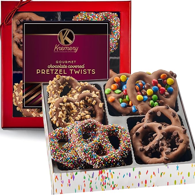 KREMERY Creamy Chocolate Cravings - Diwali Sweets Hamper Chocolate Covered Pretzel Twists Gift Basket, in Brown Gift Box (12 Pretzels, Assorted Sweet Toppings) Food Arrangement
