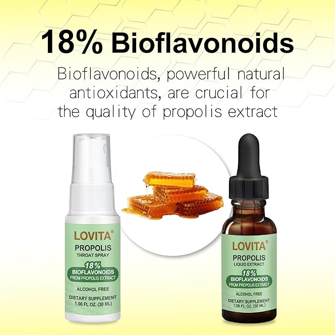 Lovita Bee Propolis Throat Spray, 18% Bioflavonoids, Alcohol-Free, Immune Support, Throat Soothing, Antioxidant, Gentle Taste, 1 Fl Oz (Pack of 3)
