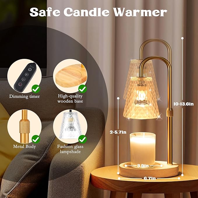 Candle Warmer Lamp with Timer: Electric Candles Warmers Adjustable Height Dimmable - Large Wax Candle Warmers Lamps Scented Flower Light - Home Decor Vintage Wood Base Shade Heat Modern Style Gold