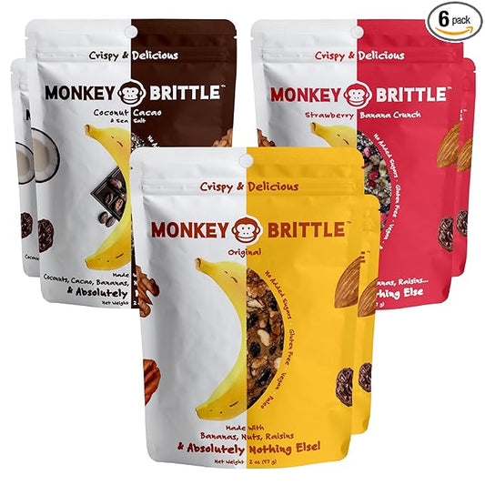 Monkey Brittle Healthy Snacks, Crispy Plant-Based Treats for Kids & Adults, Vegan & Gluten-Free, All-Natural Snack for School, Sports, Camping & On-the-Go (Pack of 6), Combo - Original + Cacao Coconut + Strawberry Banana Crunch