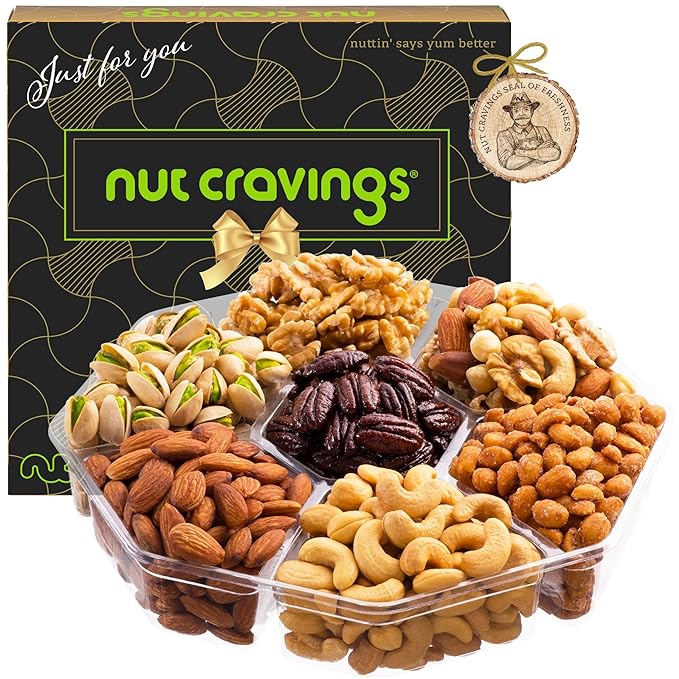 NUT CRAVINGS - Diwali Sweets Hamper Mixed Nuts Gift Basket in Black Gold Box (7 Assortments, 2 LB) Food Arrangement, Healthy Snack Care Package, Food Assortments