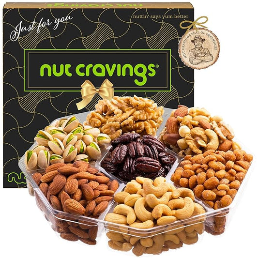 NUT CRAVINGS - Diwali Sweets Hamper Mixed Nuts Gift Basket in Black Gold Box (7 Assortments, 2 LB) Food Arrangement, Healthy Snack Care Package, Food Assortments