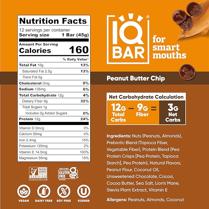 IQBAR Brain and Body Plant Protein Bars - Peanut Butter Chip - 36-Count - Keto, Vegan, Low Carb, High Fiber, Gluten Free, Dairy Free, Low Sugar Snack with Nutrients for Focus, Energy, Meal Replacement