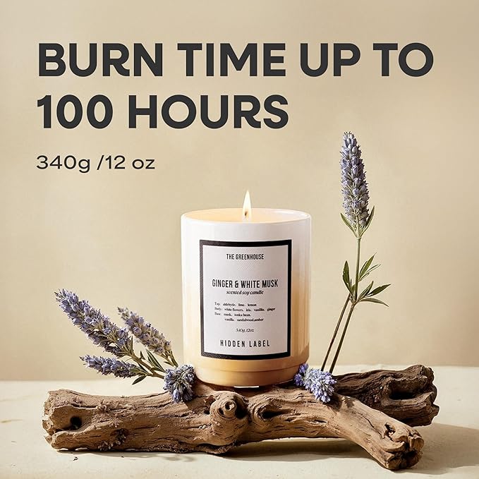 Hidden Label Ginger & White Musk Soy Candle, 12oz/75-Hour Burn Time, 100% Natural Soy Wax, Aromatherapy Candle for Stress Relief, Meditation, Yoga & Relaxation