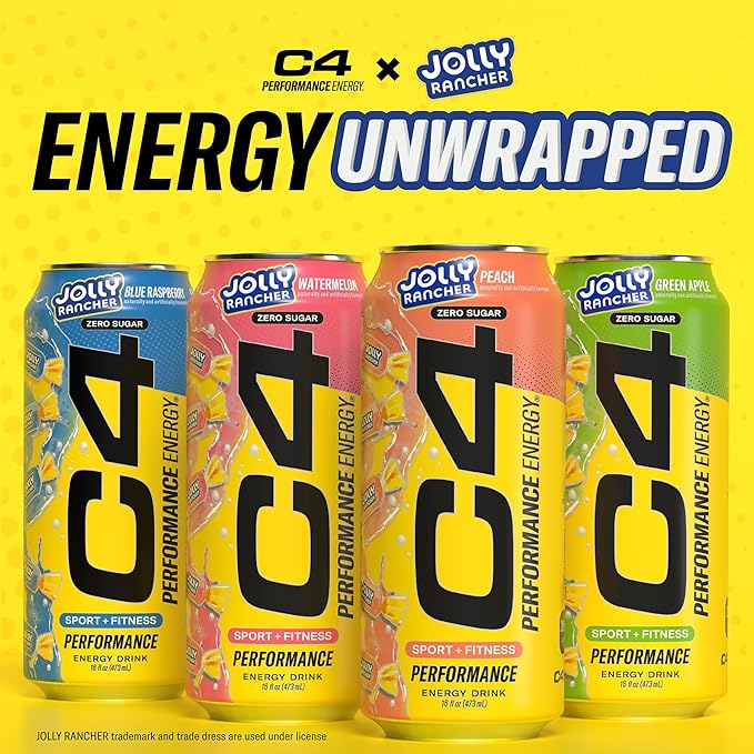 Cellucor C4 Performance Energy Drink | JOLLY RANCHER Peach | Zero Sugar Carbonated Preworkout Energy | 200mg Caffeine with Beta Alanine | 16 Fl Oz (24 Pack)