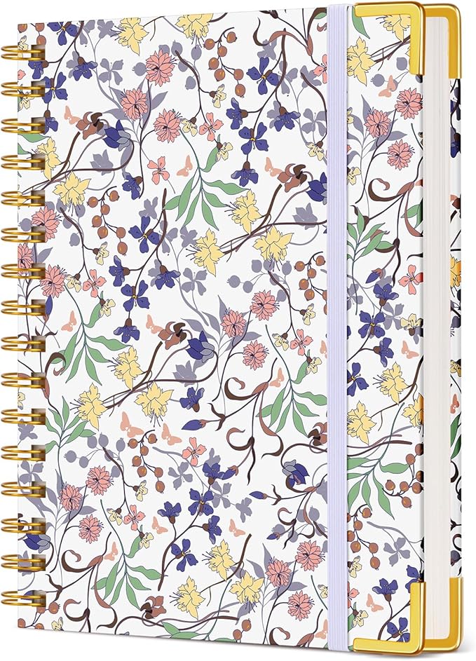 Cute Spiral Notebook Journal for Women, 160 Pages Lined Notebooks 5.75” x 8.38”, A5 Hardcover Spiral Journals with 100 GSM Thick Paper, College Ruled Notebook for Writing Work School, Purple Floral