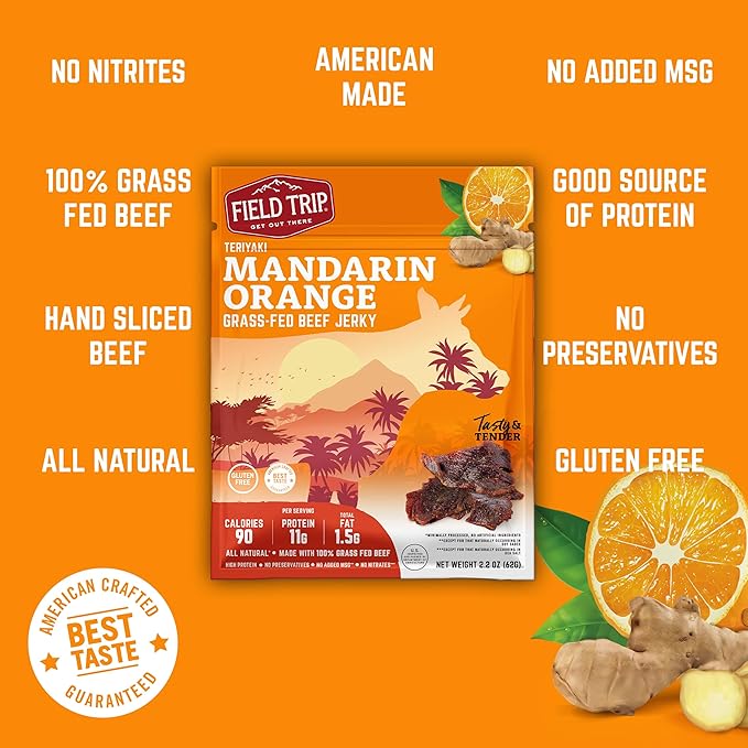 Field Trip Grass Fed Beef Jerky, Healthy Gluten Free Snacks, All Natural, Paleo-Friendly Beef Jerky, High Protein, Low Carb Snack with No Nitrates, 2.2oz Bag, 4 Pack, Mandarin Orange Teriyaki