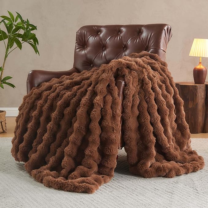 Lotus Karen Faux Fur Throw Blanket Dark Coffee - Big Bubble Rabbit Fluff Blanket for Couch Bed Sofa,Softest Fluffy Fuzzy Cozy Blanket,Thick Furry Plush Shaggy Warm Blankets for Women,60x80 Inches