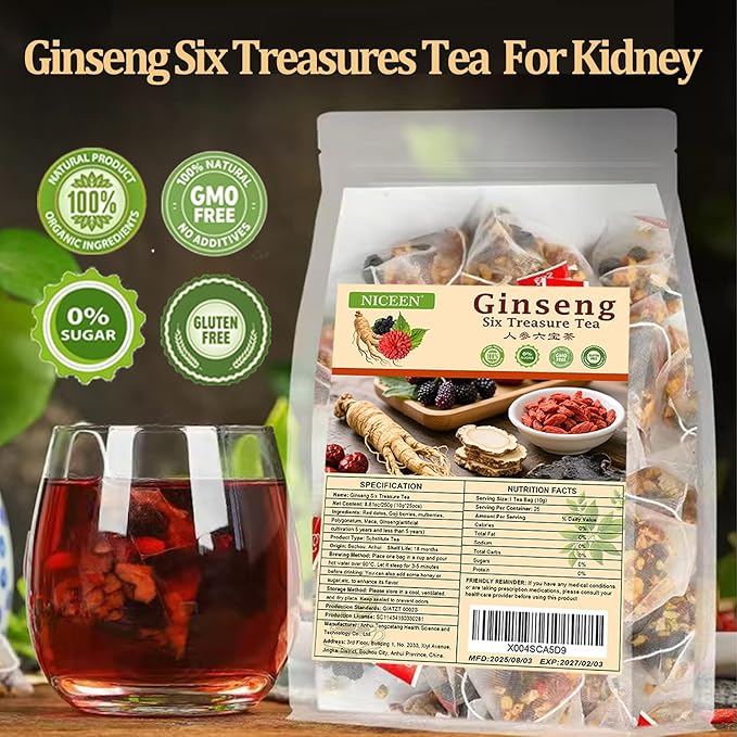 kidney Tea Formula Ginseng Six Treasure Tea, 6 Precious Ingredients Formula for Kidney Detox, Natural Ginseng Five Treasures Teabag for Women & Men, No Additives, Sugar&Caffeine (25 Pcs 1 Bag)