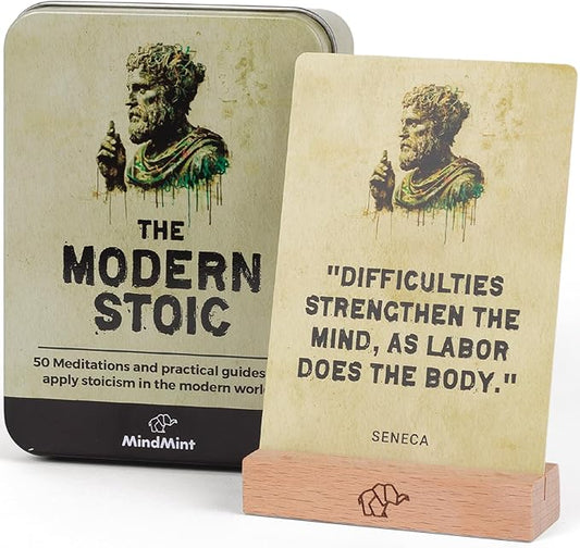 Daily Stoicism Affirmation Cards - 50 Stoic Life Change Quotes, Philosophy Gift for Men in Tin Box with Wood Stand - Desk Accessories Office Decor for Men - Inspirational & Motivational Cards