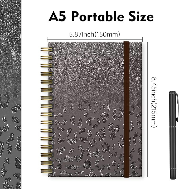 Cute Spiral Notebook, Journal for Women, Hardcover Spiral Journal, 5.5 x 8.3 Inches, 120 Pages,100gsm Paper, for Gifts Nurse Teacher Women Office Supplies(Black Leopard)