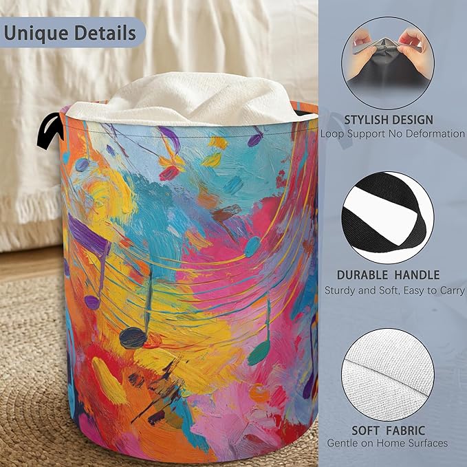 Colorful Music Symbols Laundry Basket,Foldable with Handles Tote Bag Oxford Cloth for Bathroom Bedroom Dirty Clothes Storage Bucket 16" x 20.8"
