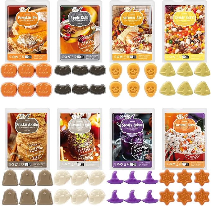 ARVIDSSON Halloween Scented Wax Melts, Fall Soy Wax Cubes for Wax Warmer, Strong Scent Fragrance Wax Tarts, Autumn Wax Melts Gift Set, Pumpkin Pie, Spiced Cider, Candy Corn, Snickerdoodle, Autumn Air