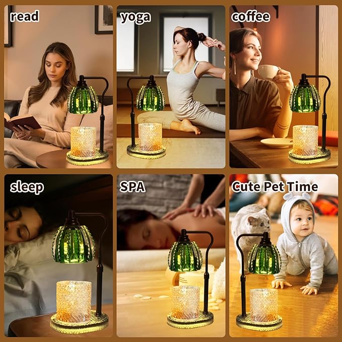 Candle Warmer Lamp with Timer: Adjustable Height and 4 Dimmer, Crystal Glass Base, Heater Wax Warmer for Jar Scented, Home Décor and Housewarming & Birthday Gift for Mom Woman, 2 Bulbs（Jade Green）