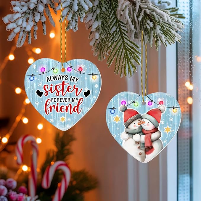 1pc 2 Side Printed My Sister Forever My Friend Ceramic Ornament 2025, Heart-Shaped Christmas Tree, Cute Keepsake Decoration