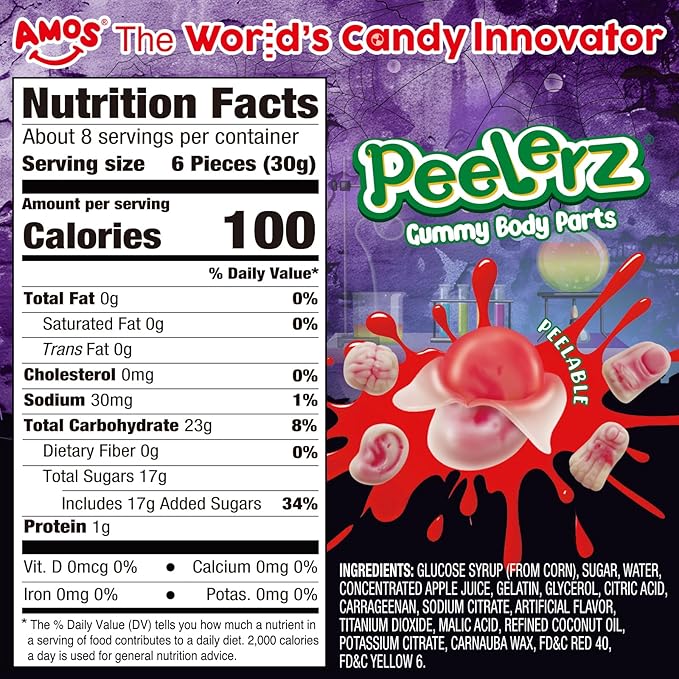 AMOS Halloween Peelerz Body Parts Gummies Candy - Party Treats & Trick or Treat Favors for Kids, Fun Snacks for Adults, Individually Wrapped Pieces, 240g (8.47oz) Bag