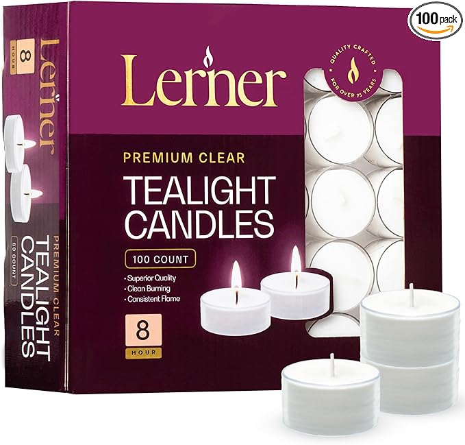 Lerner Tealight Candles in Clear Cups, 100 Count| 8 Hours Long-Burning White Tea Light Candles| Non-Toxic, Smokeless & Soot-Free Tea Light Warmer Candles | Unscented Party, Décor, Shabbat Tea Candles