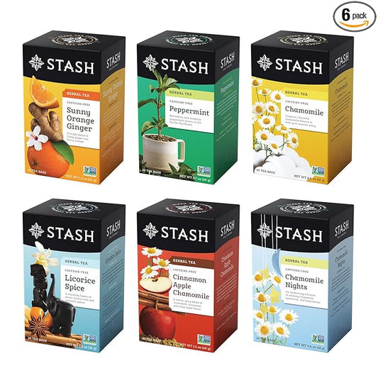 Stash Tea Soothing Herbal Tea 6 Flavor Variety Pack, 6 Boxes With 18-20 Tea Bags Each