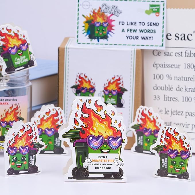 Positive Dumpster Fire Jar – Funny Desk Accessory with 60 Daily Affirmations for Self Care & Mindfulness, Emotional Support Dumpster Fire Gift for Office Coworkers, Unique Zen Desk Decor