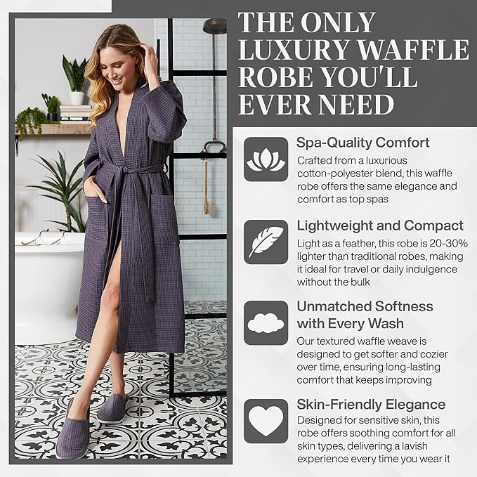 Lotus Linen Waffle Robes for Women - Lightweight Cotton Kimono Bathrobe - Long Soft Spa Bath Robe